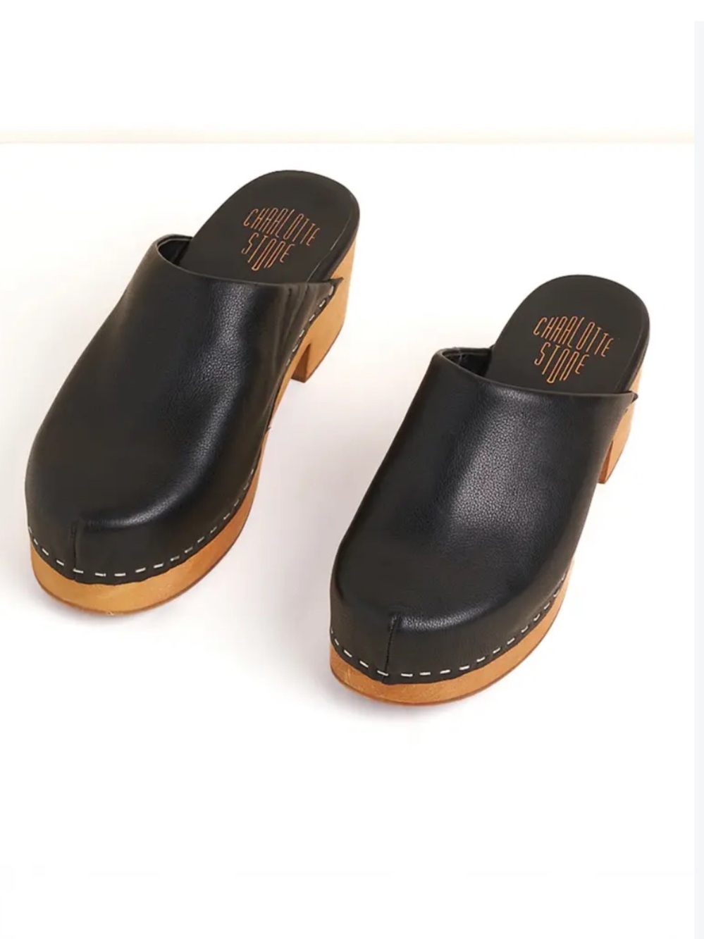 Charlotte Stone Black Leather Platform Clog with Tan Wood-Look Sole